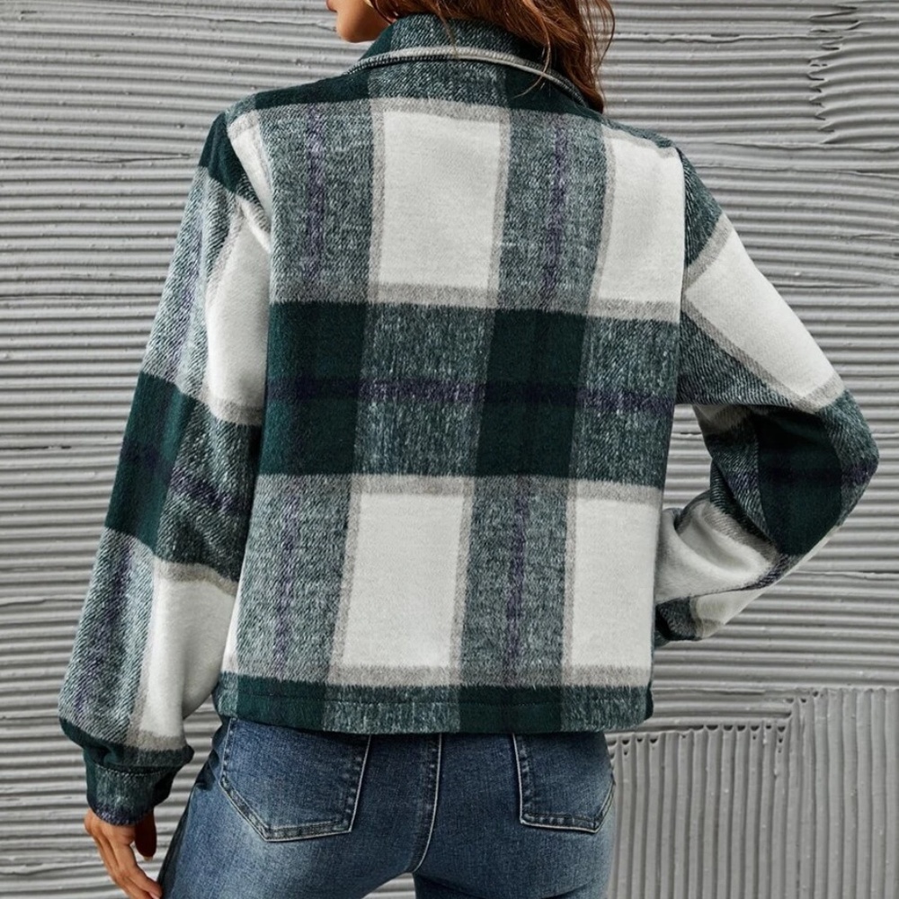 Plaid Green pocket button up jacket shacket fall - Picture 2 of 4